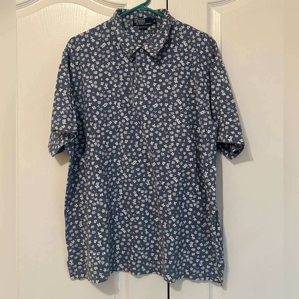 Blue and white floral Polo shirt in XL